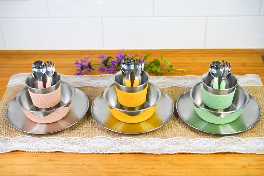 20cm plate, 500ml bowl, 300ml cup and cutlery set (spoon and fork). Sets available in Pink, Yellow and Green.